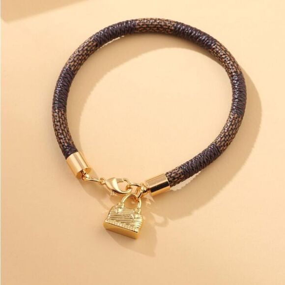 Designer Inspired Brown Checkered Gold Plated Bag Charm Bracelet - Picture 3 of 9